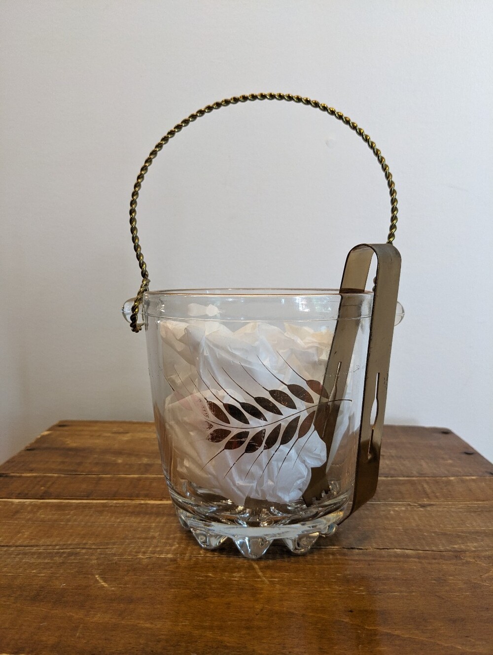 Vintage MCM Gold Wheat Glass Ice Bucket With Brass Tongs | Mid Century Modern